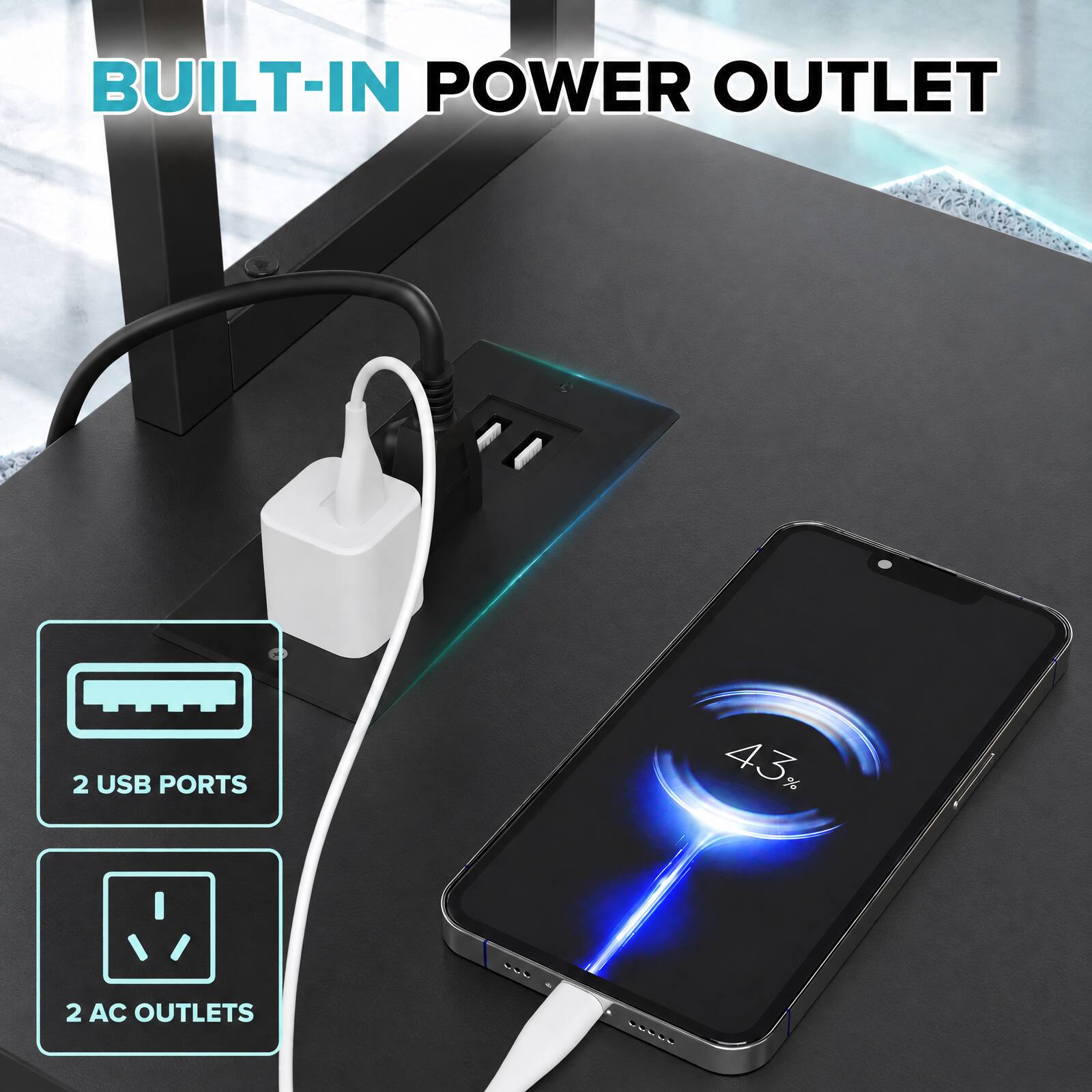 BUILT-IN POWER OUTLET

2 USB PORTS

43% %

2 AC OUTLETS