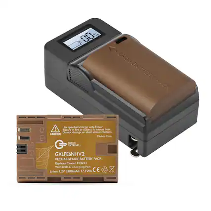 Li-ion BATTERY PACK
Use specified charger only. Never discard in fire or subject to excess heat. Do not damage or short circuit contacts. CAUTION Made in China
GREEN 5 extreme
GXLPE6NHV2 RECHARGEABLE BATTERY PACK Replaces Canon LP-E6NH With USB-C Charging Port Li-ion 7.2V 2400mAh 17.3Wh CE