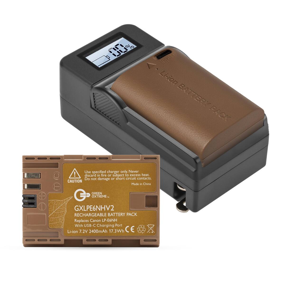 Li-ion BATTERY PACK

Use specified charger only. Never discard in fire or subject to excess heat. Do not damage or short circuit contacts. CAUTION Made in China

GREEN 5 extreme

GXLPE6NHV2 RECHARGEABLE BATTERY PACK Replaces Canon LP-E6NH With USB-C Charging Port Li-ion 7.2V 2400mAh 17.3Wh CE