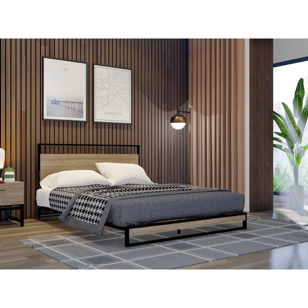 Alt View 1. East West Furniture - Wilson Queen Frame with 3 Supporting Legs - High-class Bed Frame in Powder Coating Black Color and Weathered Wood - Black.