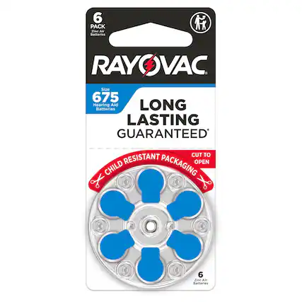 6 PACK Zinc Air Batteries RAYOVAC Size 675 Hearing Aid LONG LASTING GUARANTEED CUT TO OPEN CHILD RESISTANT PACKAGING 6 Zinc Air Batteries