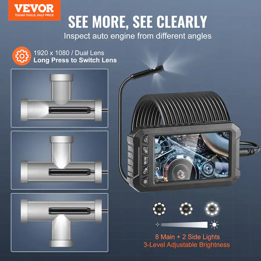 VEVOR Endoscope Camera with Light, Triple Lens Borescope with 49.2FT ...