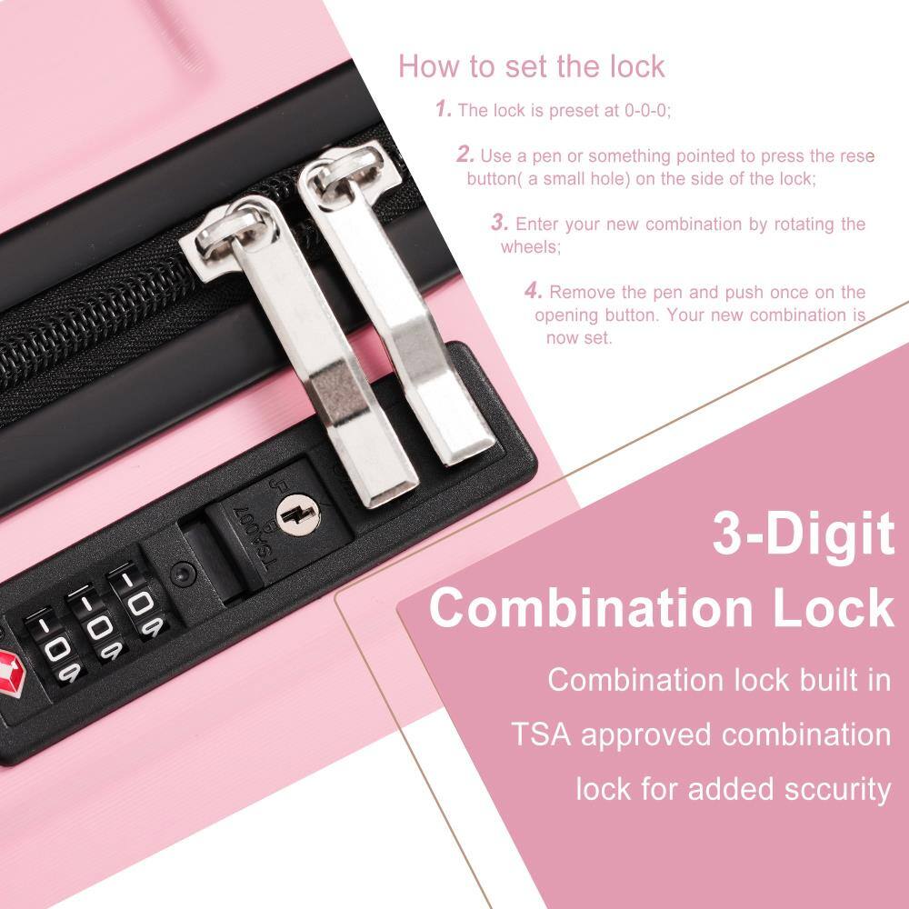How to set the lock

1. The lock is preset at 0-0-0;
2. Use a pen or something pointed to press the reset button (a small hole) on the side of the lock;
3. Enter your new combination by rotating the wheels;
4. Remove the pen and push once on the opening button. Your new combination is now set.

3-Digit Combination Lock

Combination lock built in TSA approved combination lock for added security