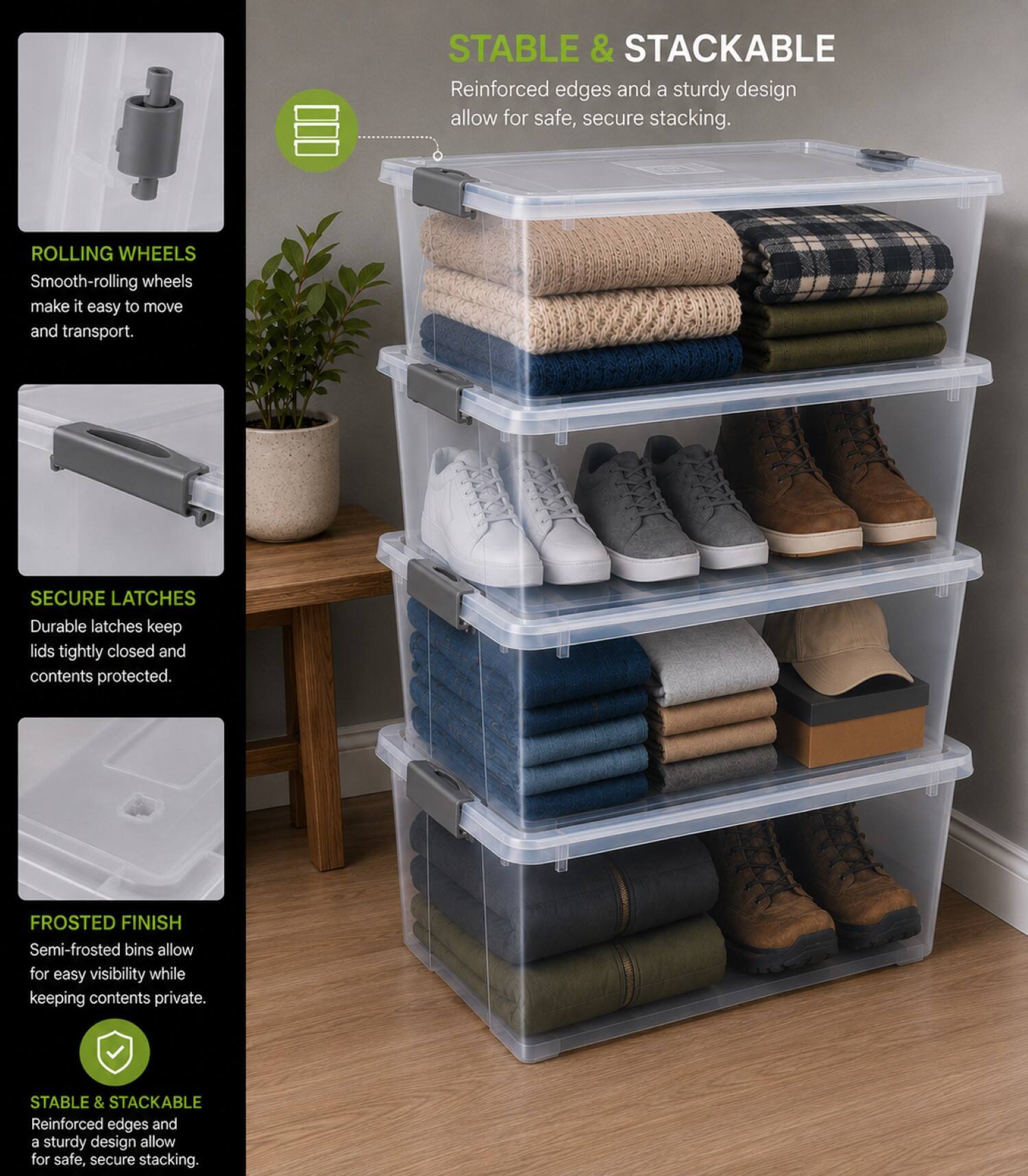 STABLE & STACKABLE  
Reinforced edges and a sturdy design allow for safe, secure stacking.  

ROLLING WHEELS  
Smooth-rolling wheels make it easy to move and transport.  

SECURE LATCHES  
Durable latches keep lids tightly closed and contents protected.  

FROSTED FINISH  
Semi-frosted bins allow for easy visibility while keeping contents private.  

STABLE & STACKABLE  
Reinforced edges and a sturdy design allow for safe, secure stacking.