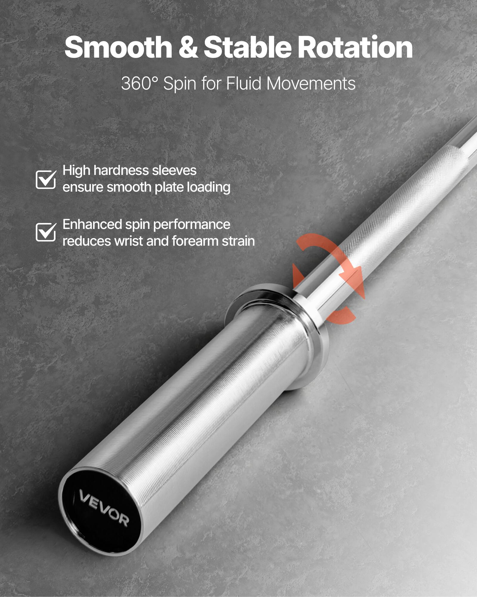 Smooth & Stable Rotation  
360° Spin for Fluid Movements  

- High hardness sleeves ensure smooth plate loading  
- Enhanced spin performance reduces wrist and forearm strain  

VEVOR