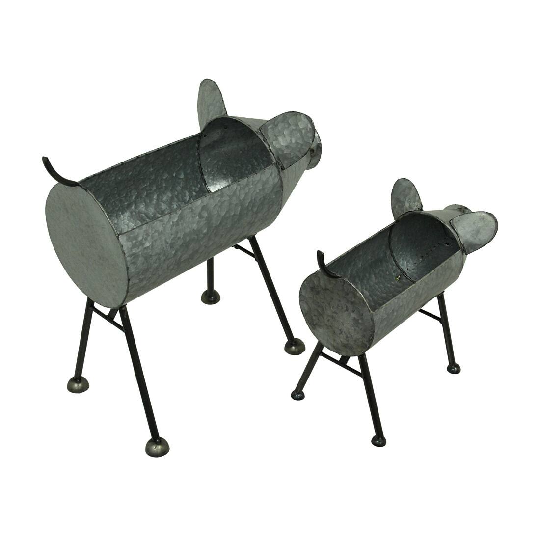 Alt View 1. Zeckos - Galvanized Metal Set of 2 Indoor/Outdoor Pig Planter Sculptures - Silver.