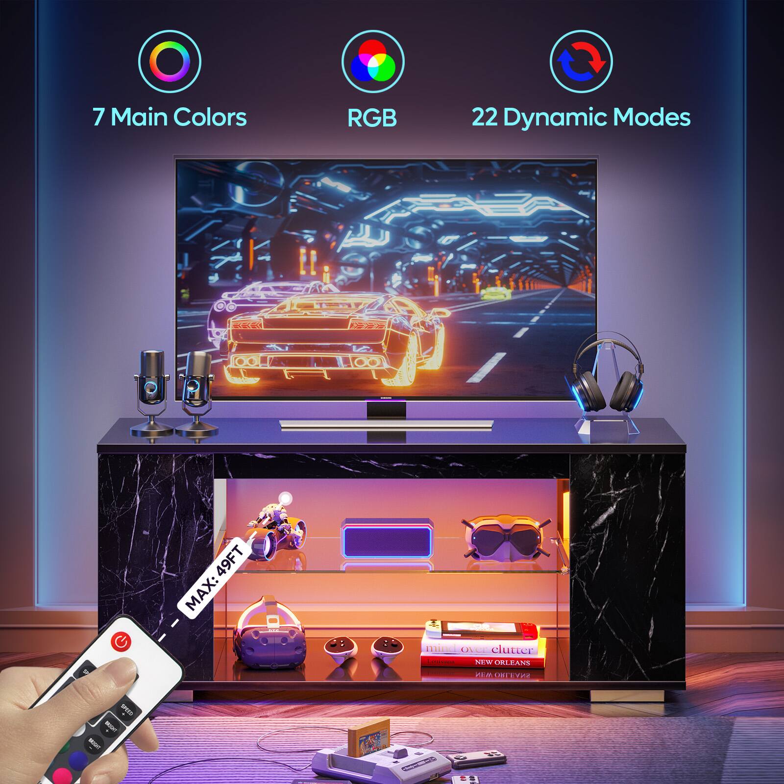 The image features a flat screen TV with a remote control in front of it. The TV is described as having 7 main colors, RGB, and 22 dynamic modes. There is also a reference to a 49FT MAX and a New Orleans Hem N Cleyie. Additionally, the image shows a person holding a remote control, and there are several books nearby.