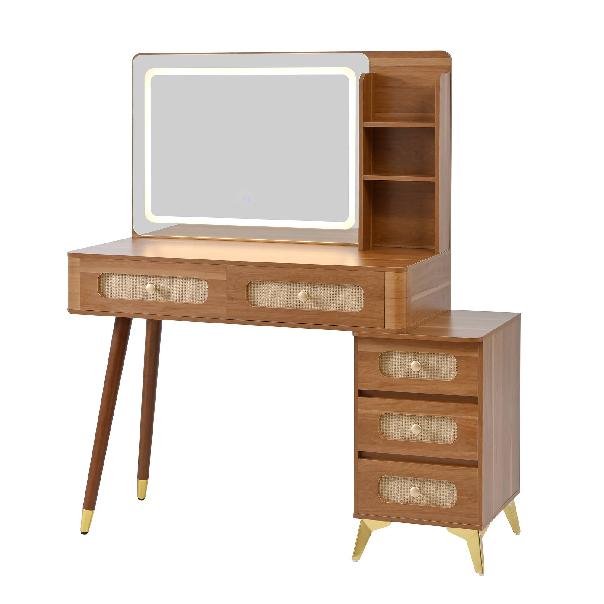 Front. Ecooso - Vintage Makeup Vanity Desk with Mirror and Lights, Vanity Table with 5 Drawers, Storage Shelf and Adjustable Brightness - Walnut.