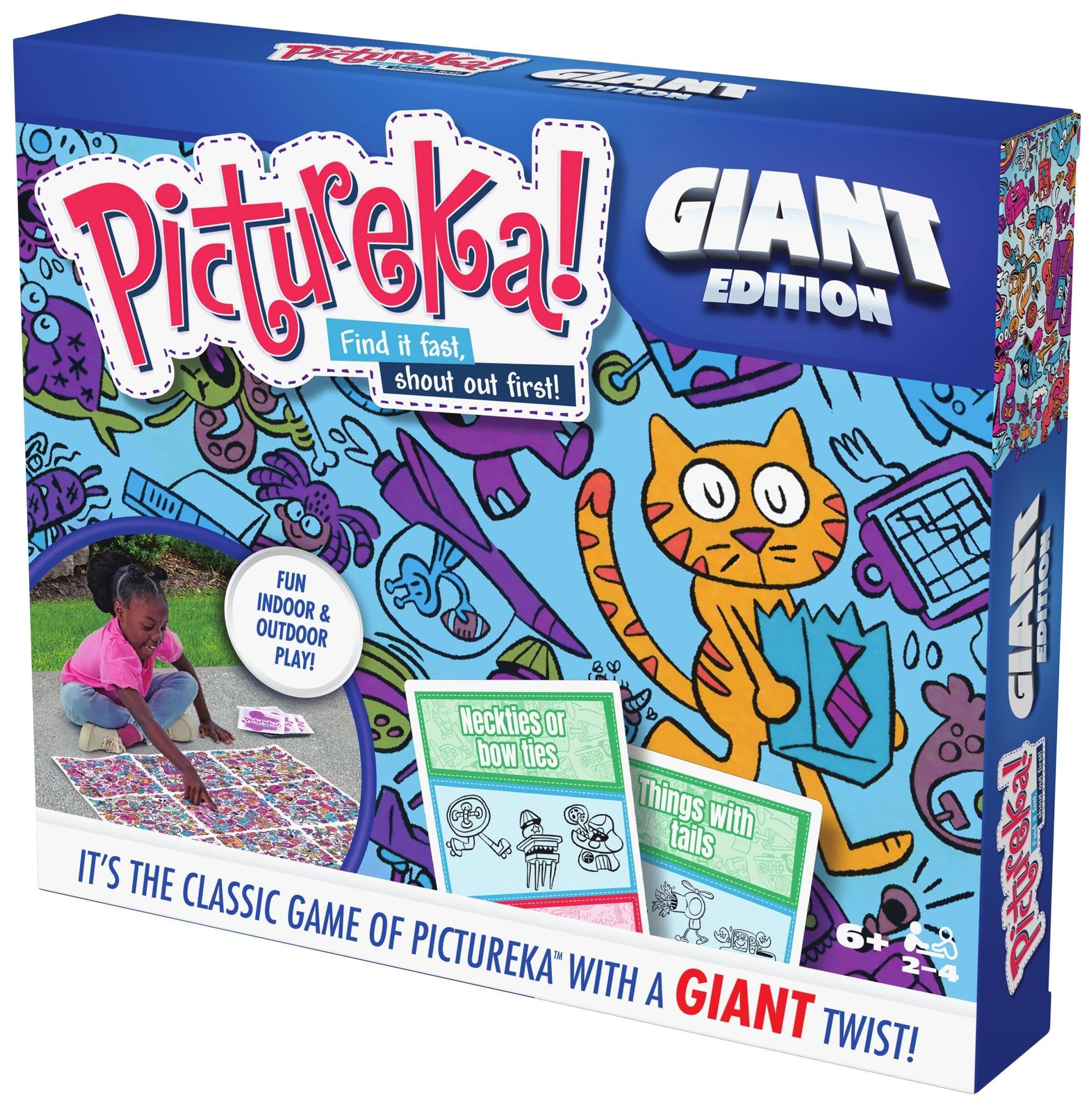 Pictureka!  
Find it fast, shout out first!  
FUN INDOOR & OUTDOOR PLAY!  
GIANT EDITION  

Neckties or bow ties  
Things with tails  

IT'S THE CLASSIC GAME OF PICTUREKA™ WITH A GIANT TWIST!  

6+  
2-4