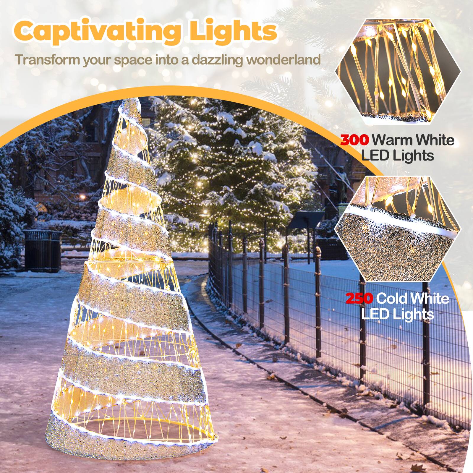 Captivating Lights: Transform your space into a dazzling wonderland with 300 Warm White LED Lights and 250 Cold White LED Lights.