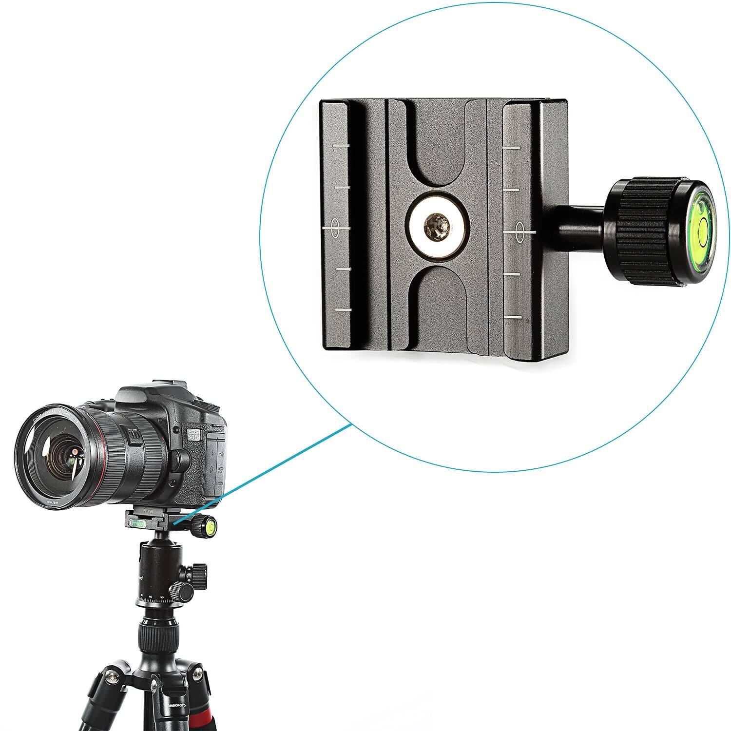 Left. Neewer - 50mm Aluminum Quick Release Clamp, 3/8" with 1/4" Adapter, Built-in Bubble Level.