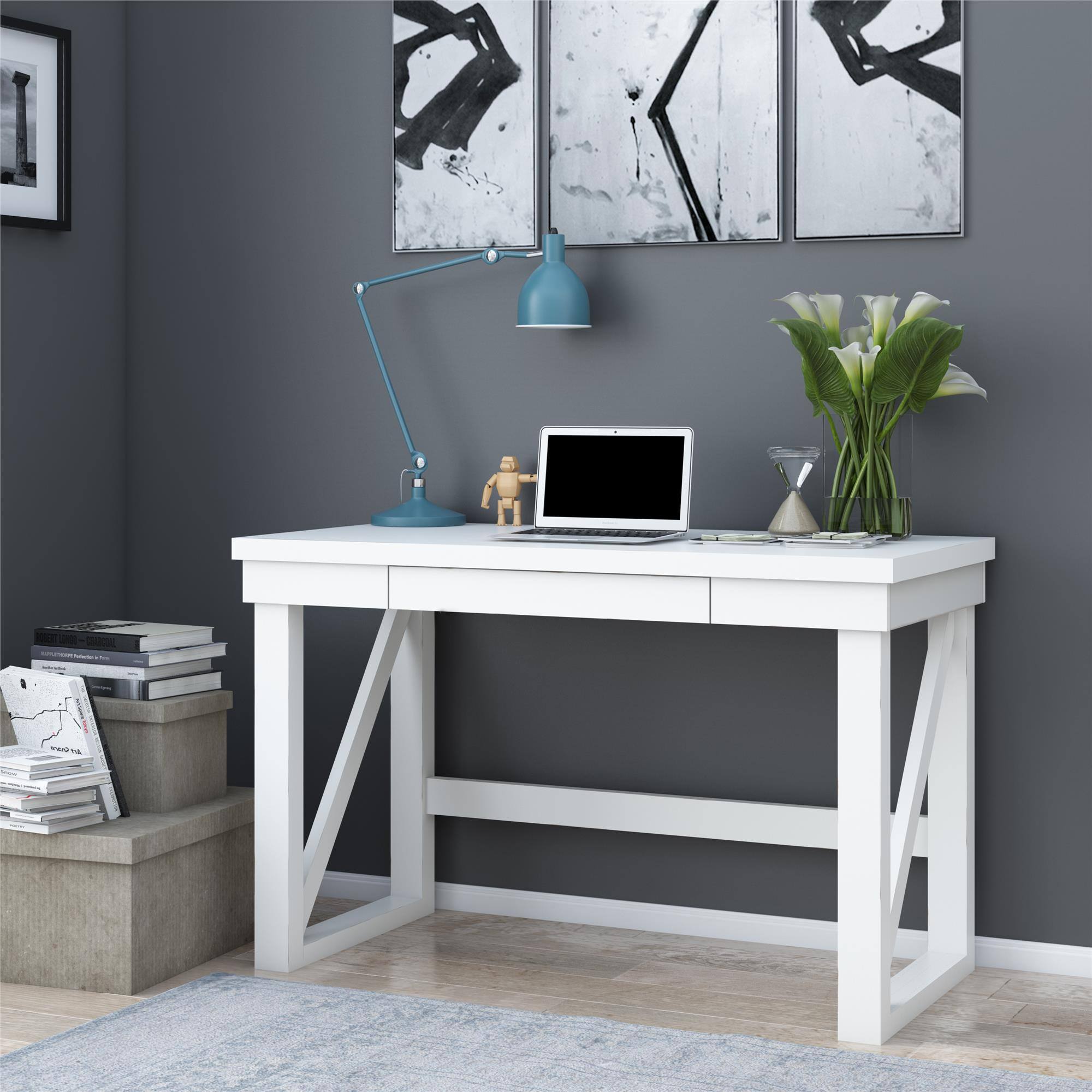 Aukfa - Computer Desk - Weathered White MDF, 100lb Desktop, Storage Drawer, 47.5"W x 30"H, Quick Assembly