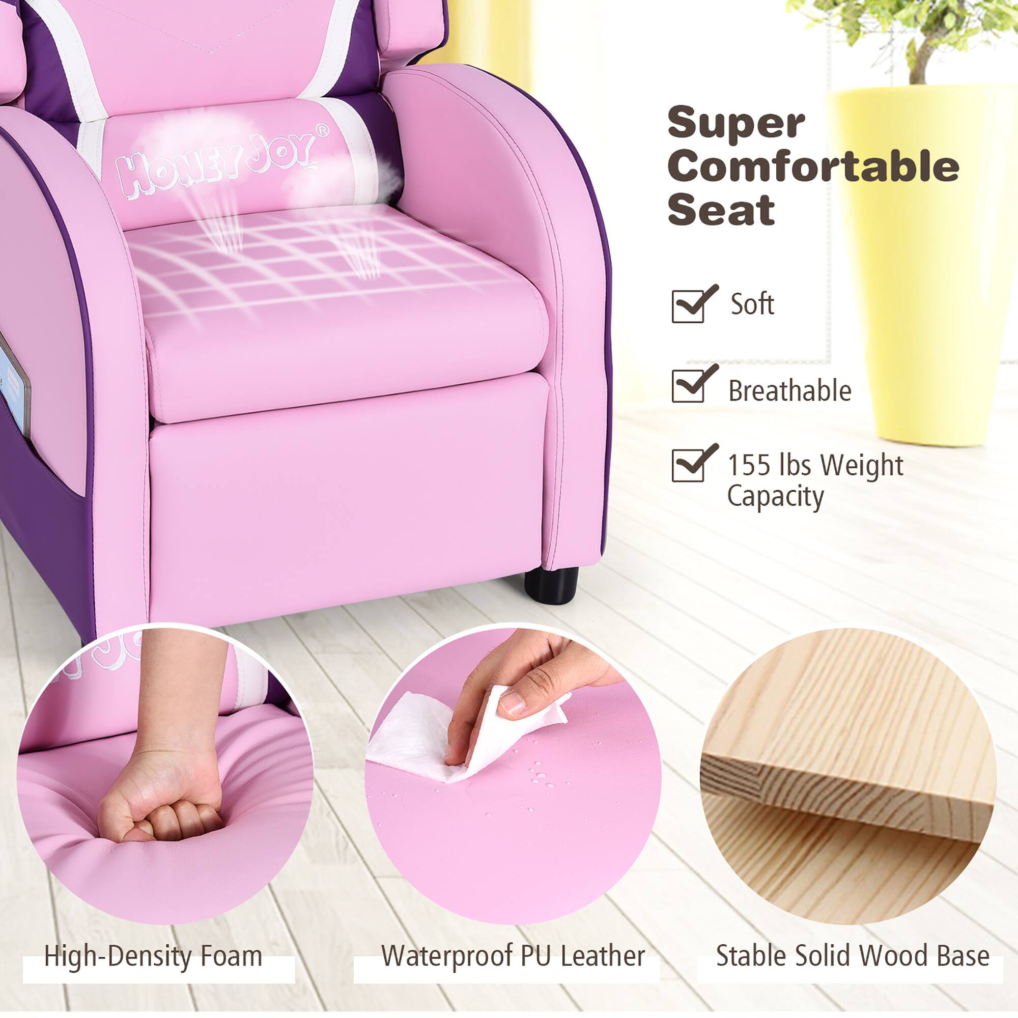 HONEYJOY

Super Comfortable Seat

- Soft
- Breathable
- 155 lbs Weight Capacity

High-Density Foam

Waterproof PU Leather

Stable Solid Wood Base