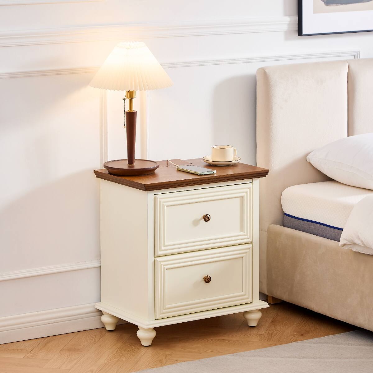Angle. Loheer - Loheer Mid Century Modern Nightstand with Charging Station, Two Drawers, Brown and White - Brown and White.