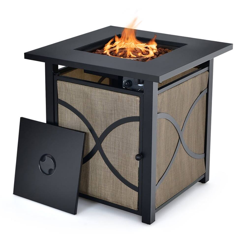 Left. Kadyn - Fire Pit Table Fire Bowl TableOutdoor Firepit Table25 Inch 40000 BTU Propane Fire Pit Table with Lid and Fire Glass - Black, coffee.