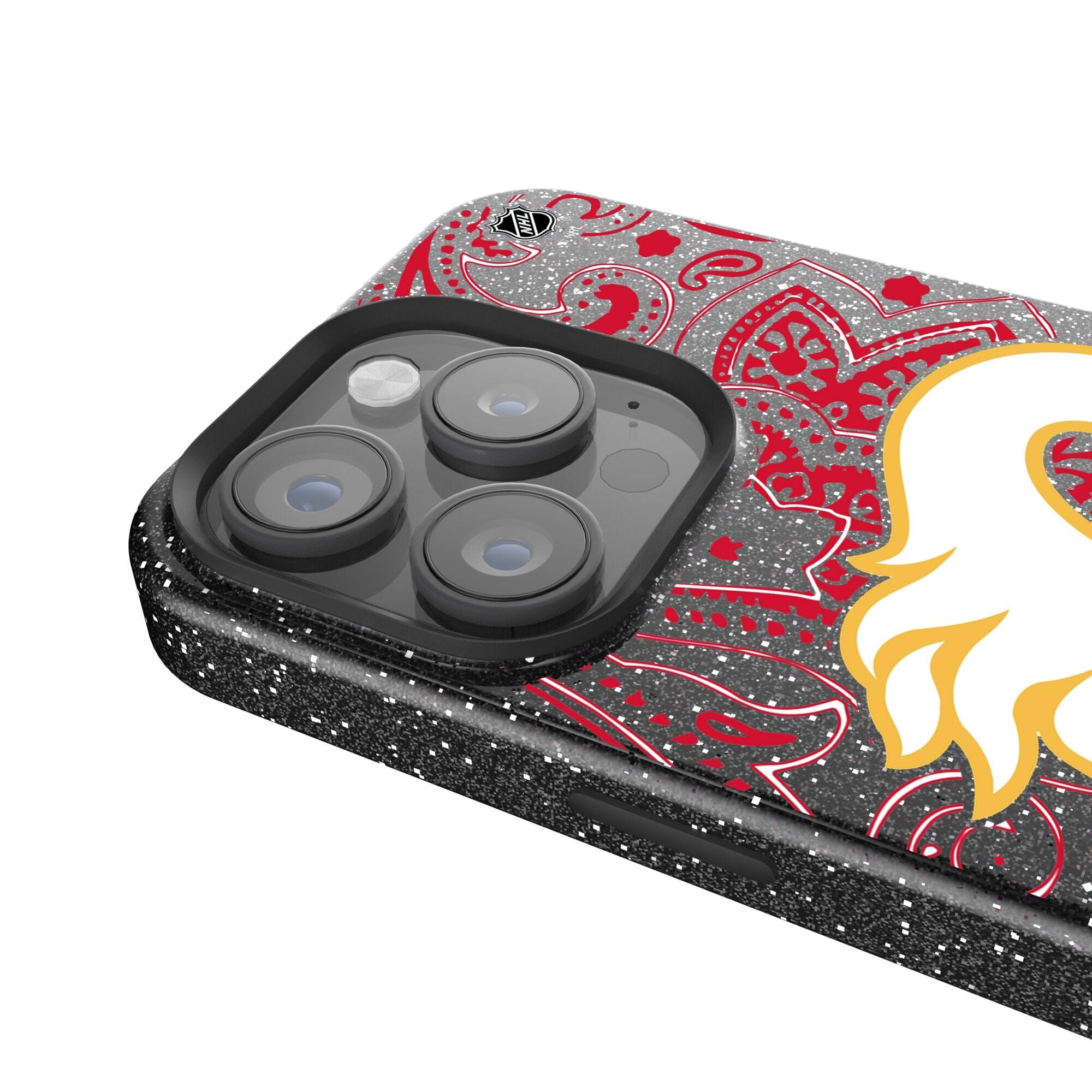 Alt View 3. Keyscaper - Black Calgary Flames Paisley Bling iPhone Case - 15 Plus - Black.