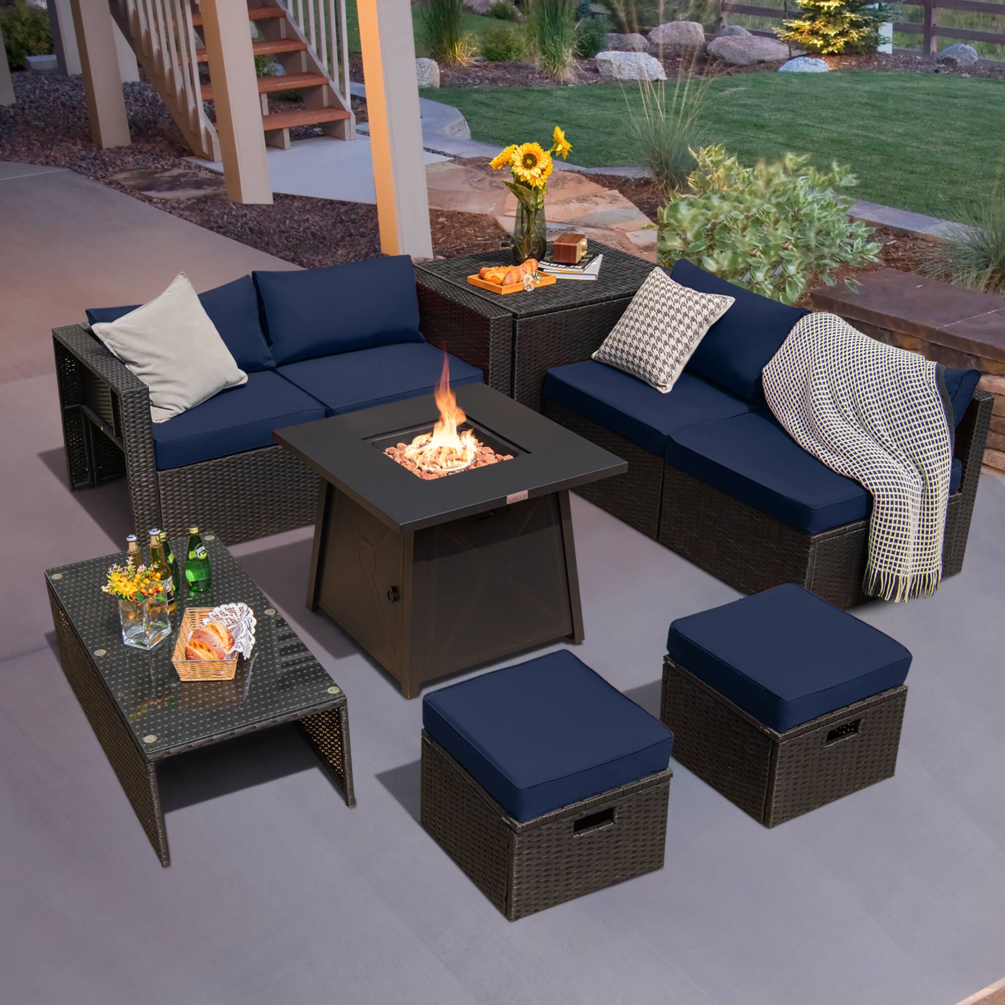 Alt View 1. Costway - Costway 9PCS Patio Rattan Furniture Set Fire Pit Space-saving W/Cover Navy Cushion cover - Navy.