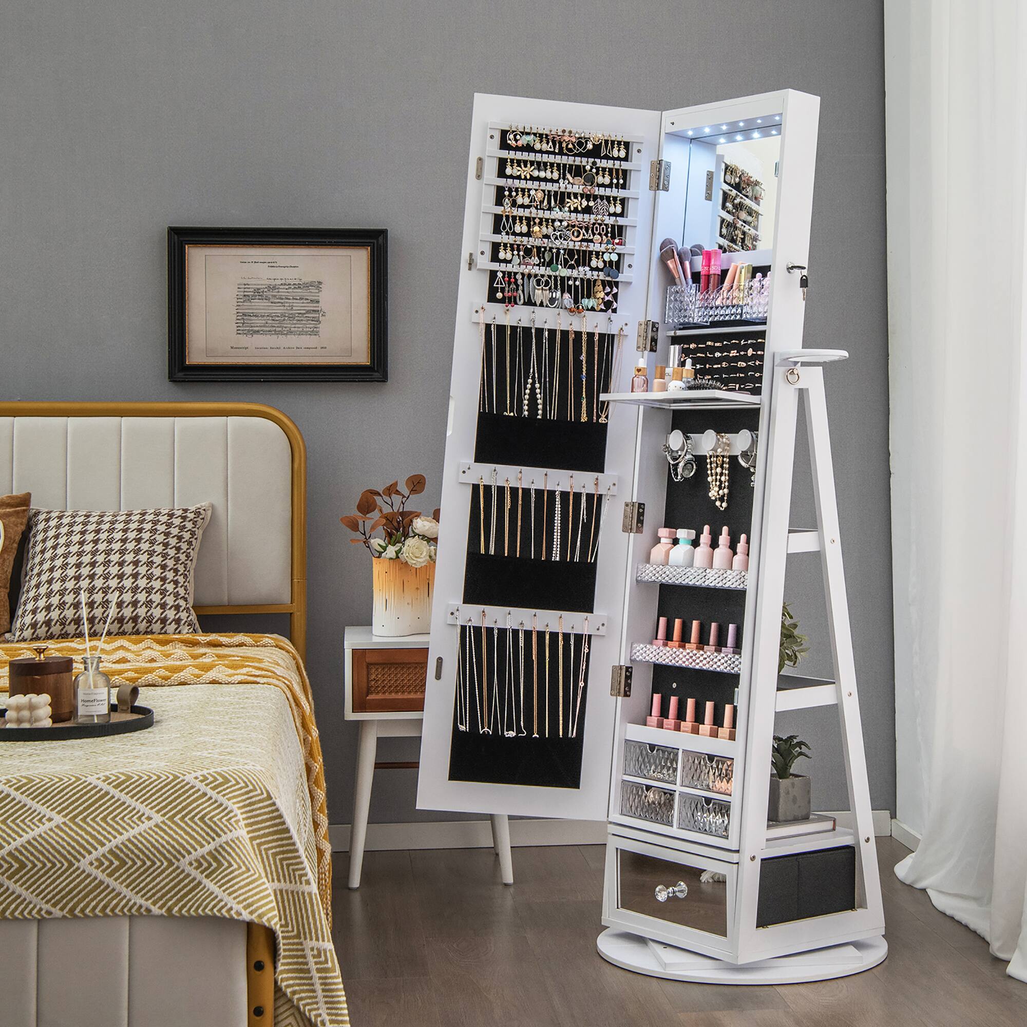 Alt View 3. Gymax - Gymax 360° Swivel Jewelry Cabinet Full Length Mirror w/Built-in Lights White - White + Pink.