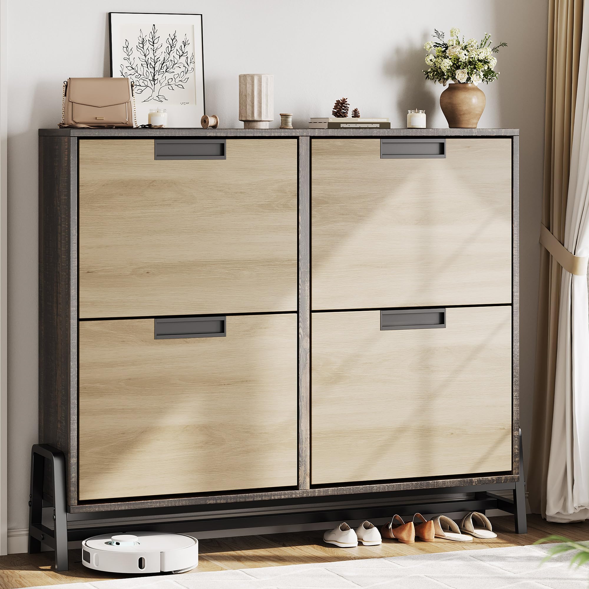 Alt View 6. Jojoka - Narrow Shoe Cabinet with 4 Flip Drawers, Freestanding Shoe Storage with Adjustable Shelves and Metal Legs - Oak.