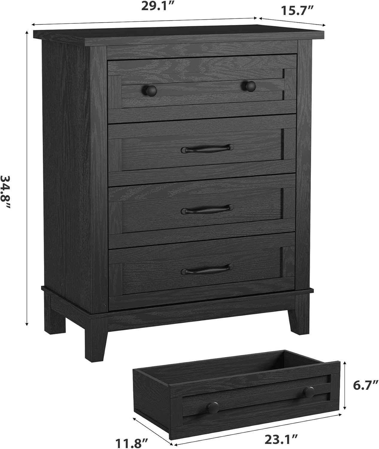 29.1" (height)  
15.7" (width)  
34.8" (depth)  
6.7" (drawer height)  
11.8" (drawer depth)  
23.1" (drawer width)