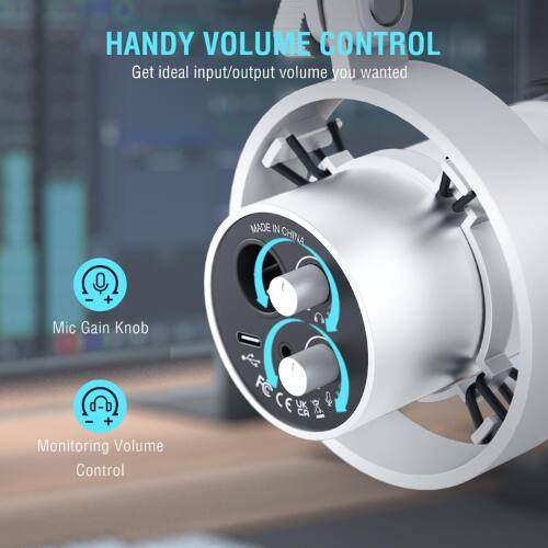 HANDY VOLUME CONTROL  
Get ideal input/output volume you wanted  

MADE IN CHINA  

Mic Gain Knob  
Monitoring Volume Control  

PECEB FC E