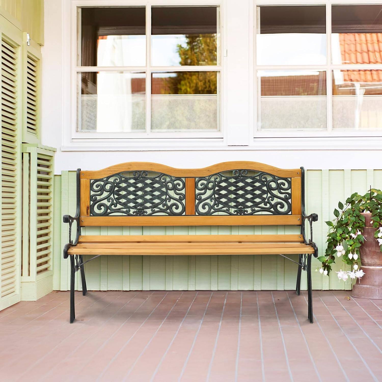 Alt View 7. Winado - 49in Classic Cast Iron Bench, Teak Arched Back Rectangular Outdoor 3-Seater Easy Assembly Weather Resistant for Garden - Teak.