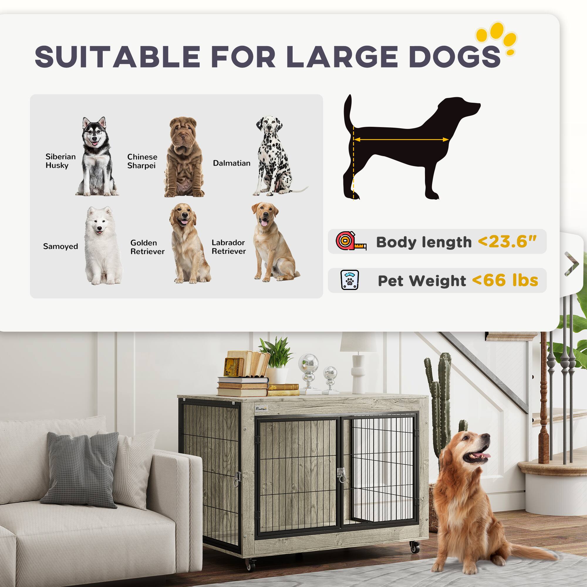 SUITABLE FOR LARGE DOGS

- Siberian Husky
- Chinese Sharpei
- Dalmatian
- Samoyed
- Golden Retriever
- Labrador Retriever

Body length <23.6"
Pet Weight <66 lbs