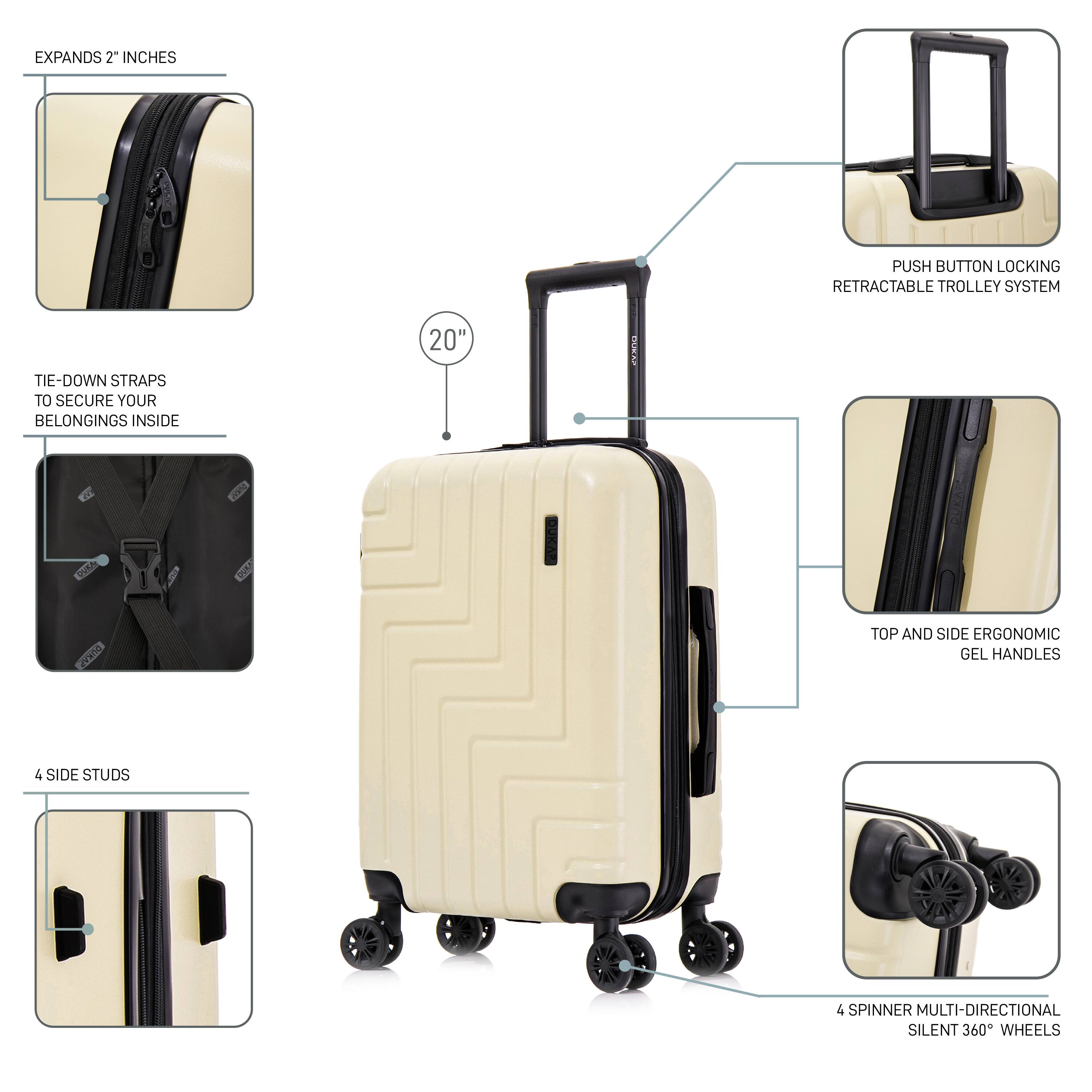 - EXPANDS 2" INCHES
- PUSH BUTTON LOCKING RETRACTABLE TROLLEY SYSTEM
- TIE-DOWN STRAPS TO SECURE YOUR BELONGINGS INSIDE
- 20" HEIGHT
- TOP AND SIDE ERGONOMIC GEL HANDLES
- 4 SIDE STUDS
- 4 SPINNER MULTI-DIRECTIONAL SILENT 360° WHEELS