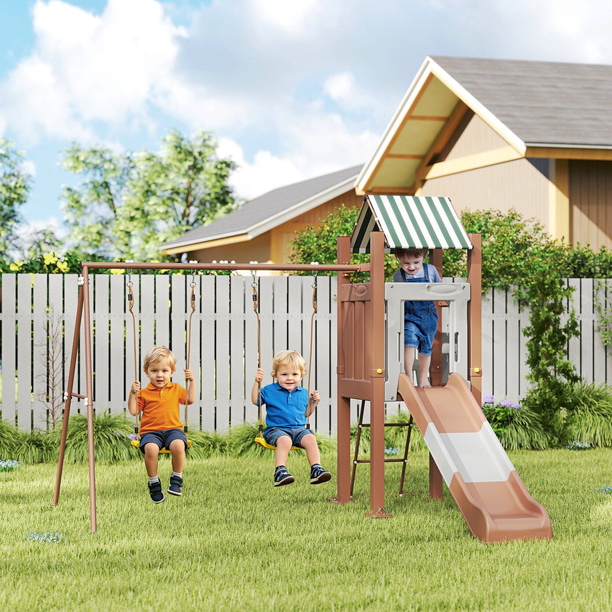 Angle. Qaba - Kids Swing Set, Backyard Playground, 6 FT Slide, 2 Adjustable Swings, Fort with Canopy, Ladder, Ages 3-8.