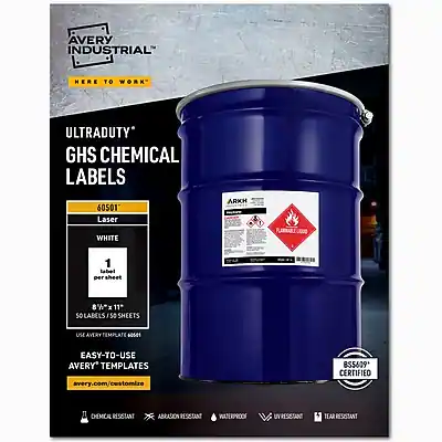 AVERY INDUSTRIAL
HERE TO WORK
ULTRADUTY GHS CHEMICAL LABELS
60501
Laser WHITE
1 label per sheet
8%*
11 5/8 LABELS
50 SHEETS
USE AVERY TEMPLATE 60581
EASY-TO-USE AVERY TEMPLATES
avery.com/customize
BS5609* CERTIFIED
CHEMICAL RESISTANT
ABRASION RESISTANT
WATERPROOF
UV RESISTANT
TEAR RESISTANT
ARKH
FLAMMABLE
DANGER
KEEP FIRE AWAY
KEEP OUT OF REACH OF CHILDREN
KEEP TIGHTLY CLOSED
KEEP IN A COLD PLACE
KEEP IN A DRY PLACE
KEEP IN A WELL VENTILATED PLACE
KEEP IN A SECURE PLACE
KEEP IN A LOCKED PLACE
KEEP IN A SAFE PLACE
KEEP IN A SHUT PLACE
KEEP IN A TIGHT PLACE
KEEP IN A WET PLACE
KEEP IN A WARM PLACE
KEEP IN A WET PLACE
KEEP IN A WET PLACE
KEEP IN A WET PLACE
KEEP IN A WET PLACE