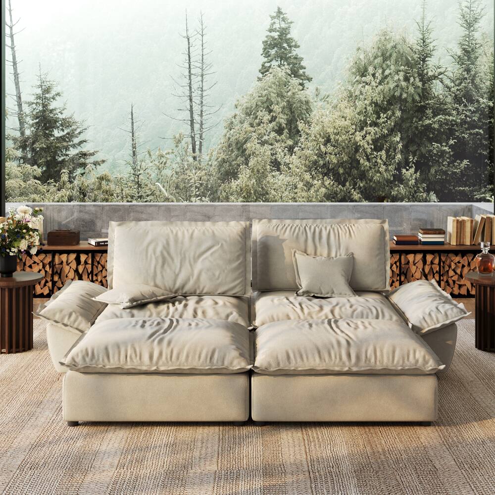 Angle. POVISON - Modern Beige Sleeper Sofa with 2 Ottomans - Beige Suede Fabric.