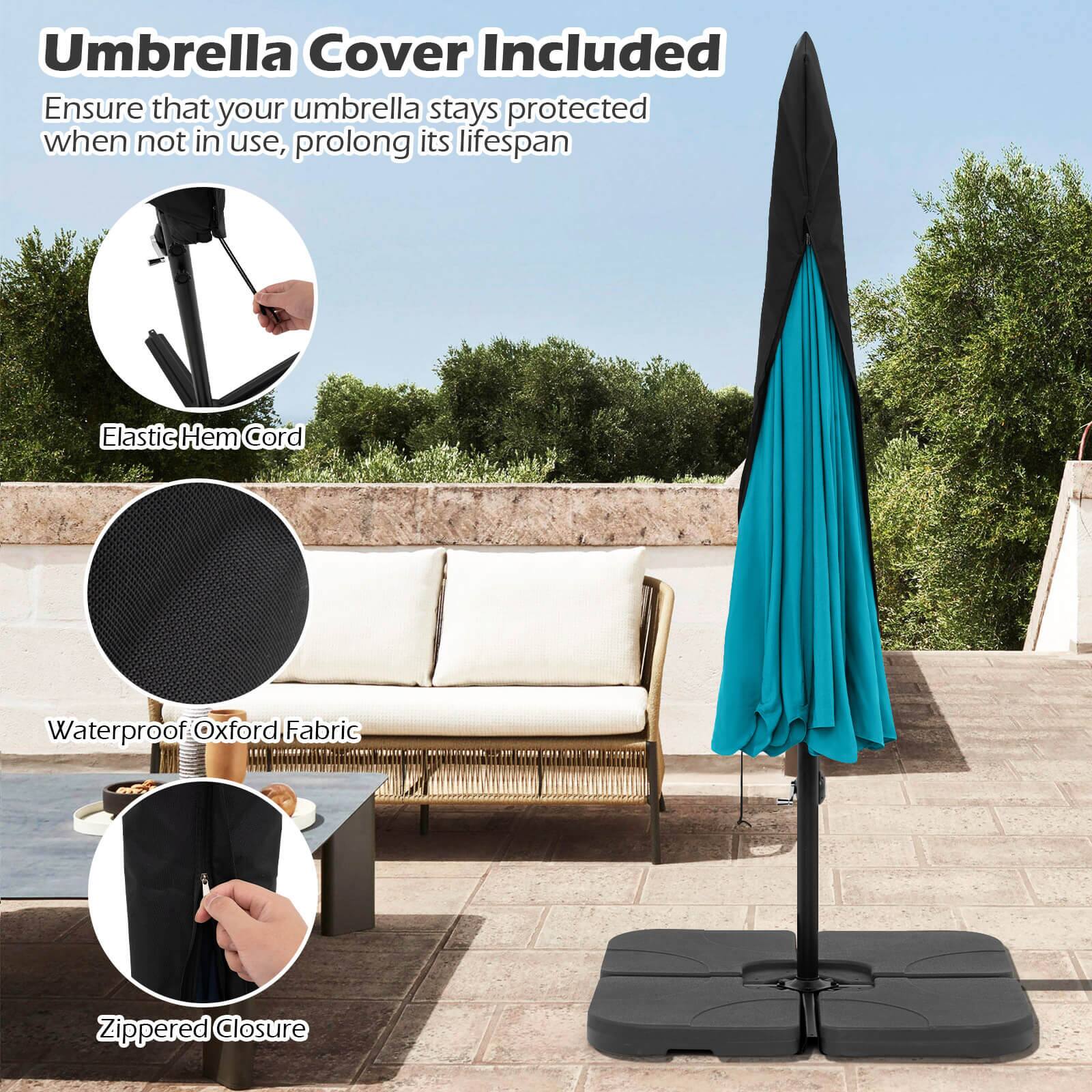 The image features a blue umbrella with a black handle, standing on a patio. The umbrella is accompanied by a waterproof Oxford fabric umbrella cover, which is zippered closed to protect the umbrella when not in use. The cover ensures that the umbrella stays protected and prolongs its lifespan.