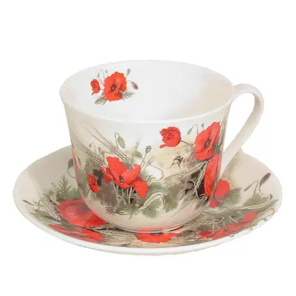 Front. Jiallo - Roy Kirkham Breakfast Cup & Saucer - Poppy, Set of 2 Bone China Ceramic, Made in England - Mutli color.