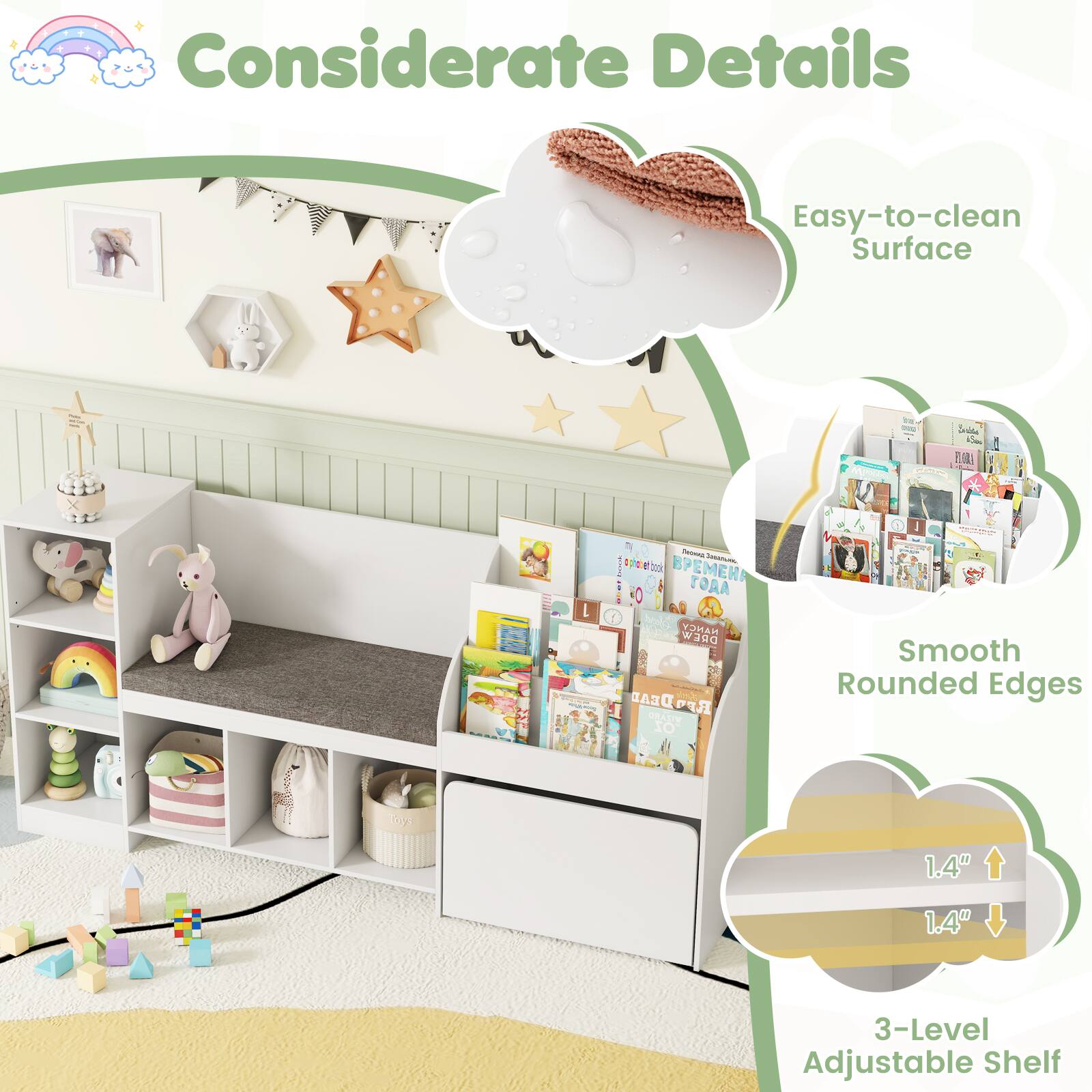 Considerate Details

- Easy-to-clean Surface
- Smooth Rounded Edges
- 3-Level Adjustable Shelf

1.4" 1.4"