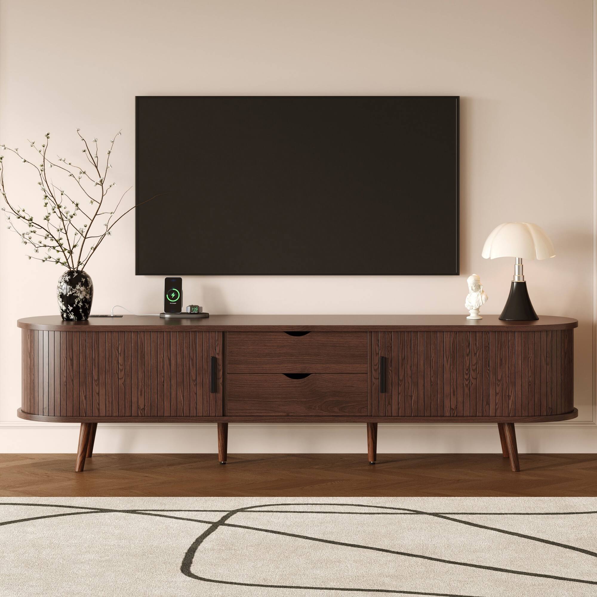 Spaco - 70" Mid Century Modern TV Stand for 80" TV, TV Stand with Tambour Doors, Drawers, Power Outlet, TV Consoles - Dark Brown