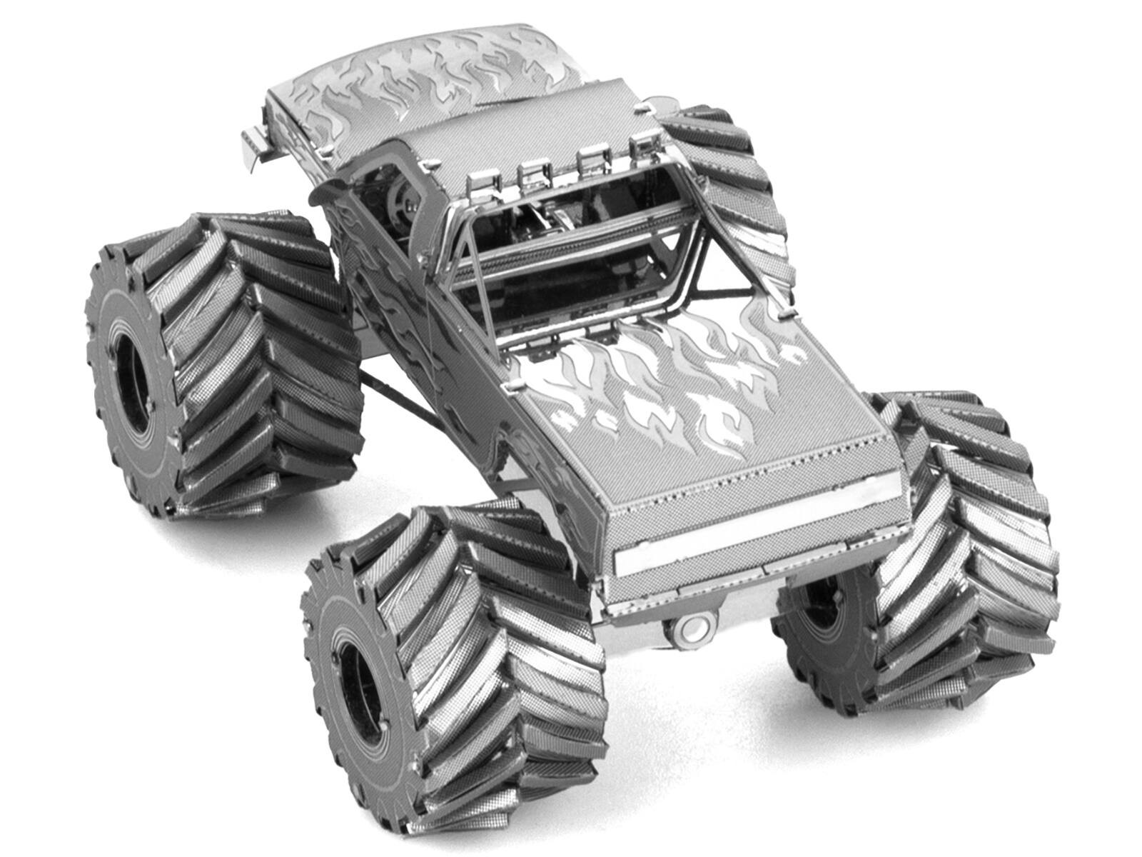 Left. Metal Earth - Model Kit Monster Truck with Flame Graphics (Moderate Difficulty) Steel Model by Metal Earth - Silver.