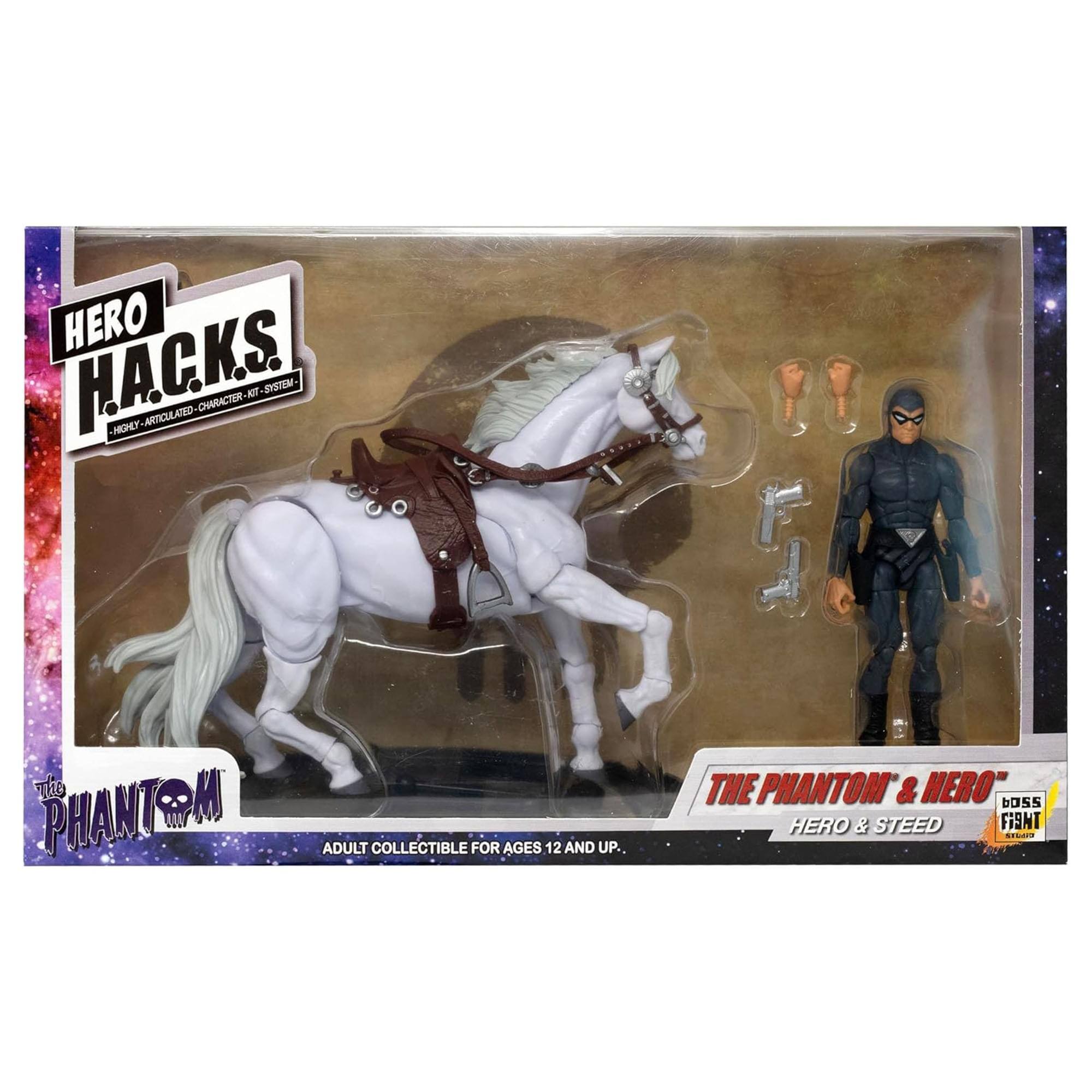 HERO HACKS.  
HERO ARTICULATED CHARACTER KIT SYSTEM  

THE PHANTOM & HERO  
HERO & STEED  

ADULT COLLECTIBLE FOR AGES 12 AND UP.