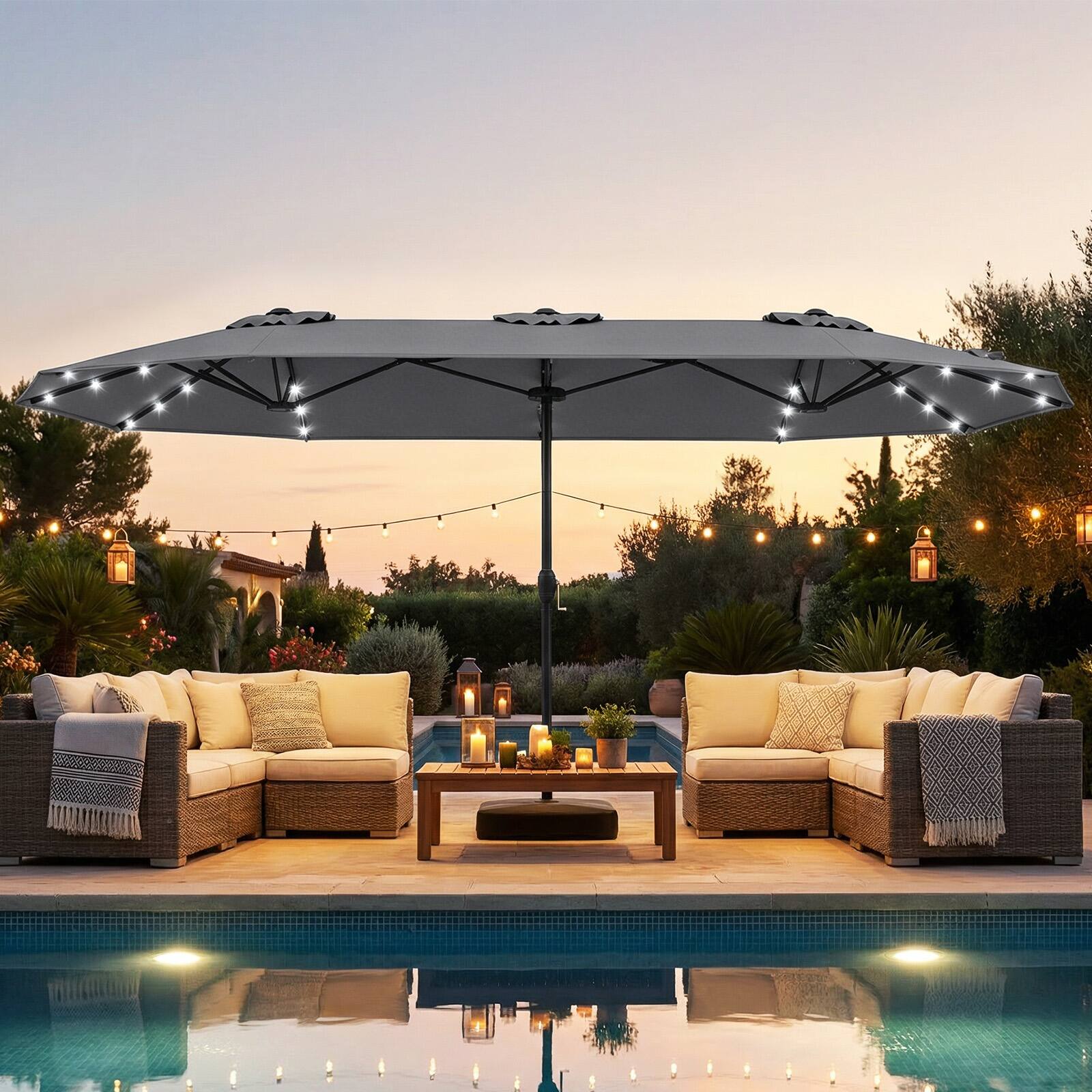 Alt View 1. Costway - Costway 13FT Double-sided Patio Umbrella with Solar Lights Crank Handle Umbrella Base - Gray.