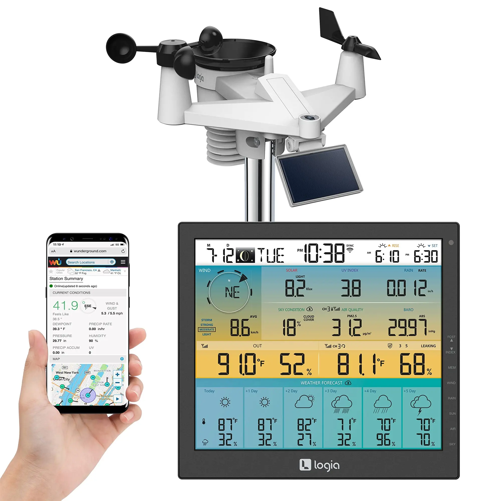 Logia - 7-in-1 WiFi Wireless Weather Station with 6-Day Forecast, Solar & Large 10" LED Display - White and Black