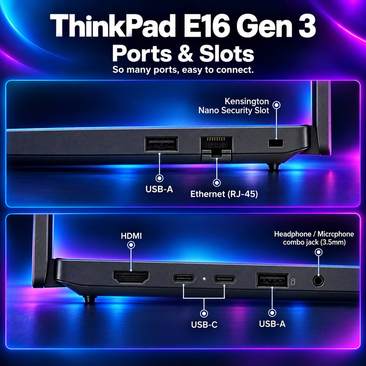 ThinkPad E16 Gen 3 Ports & Slots  
So many ports, easy to connect.  

- Kensington Nano Security Slot  
- USB-A  
- Ethernet (RJ-45)  
- HDMI  
- Headphone / Microphone combo jack (3.5mm)  
- USB-C  
- USB-A