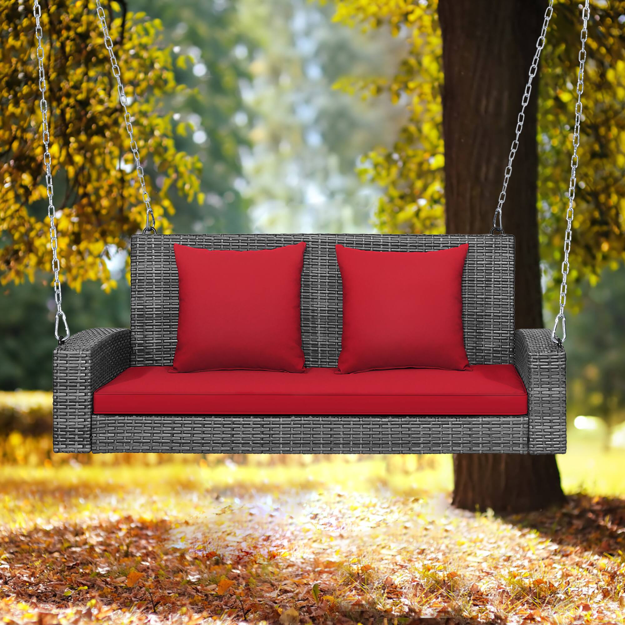 Alt View 1. Costway - Costway 2-Person Patio PE Wicker Hanging Porch Swing Bench Chair with Cushion - Red.