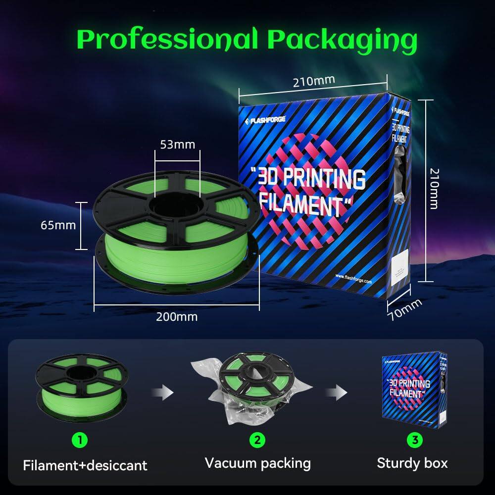 Professional Packaging  
210mm x 65mm x 53mm  
GRE FLASHFORGE LF FFNTVE FL EET "30 PRINTING FILAMENT"  
210mm x 200mm  
www.faghforga.com  
70mm  
30 PRINTING FILAMENT"  
1. Filament+desiccant  
2. Vacuum packing  
3. Sturdy box