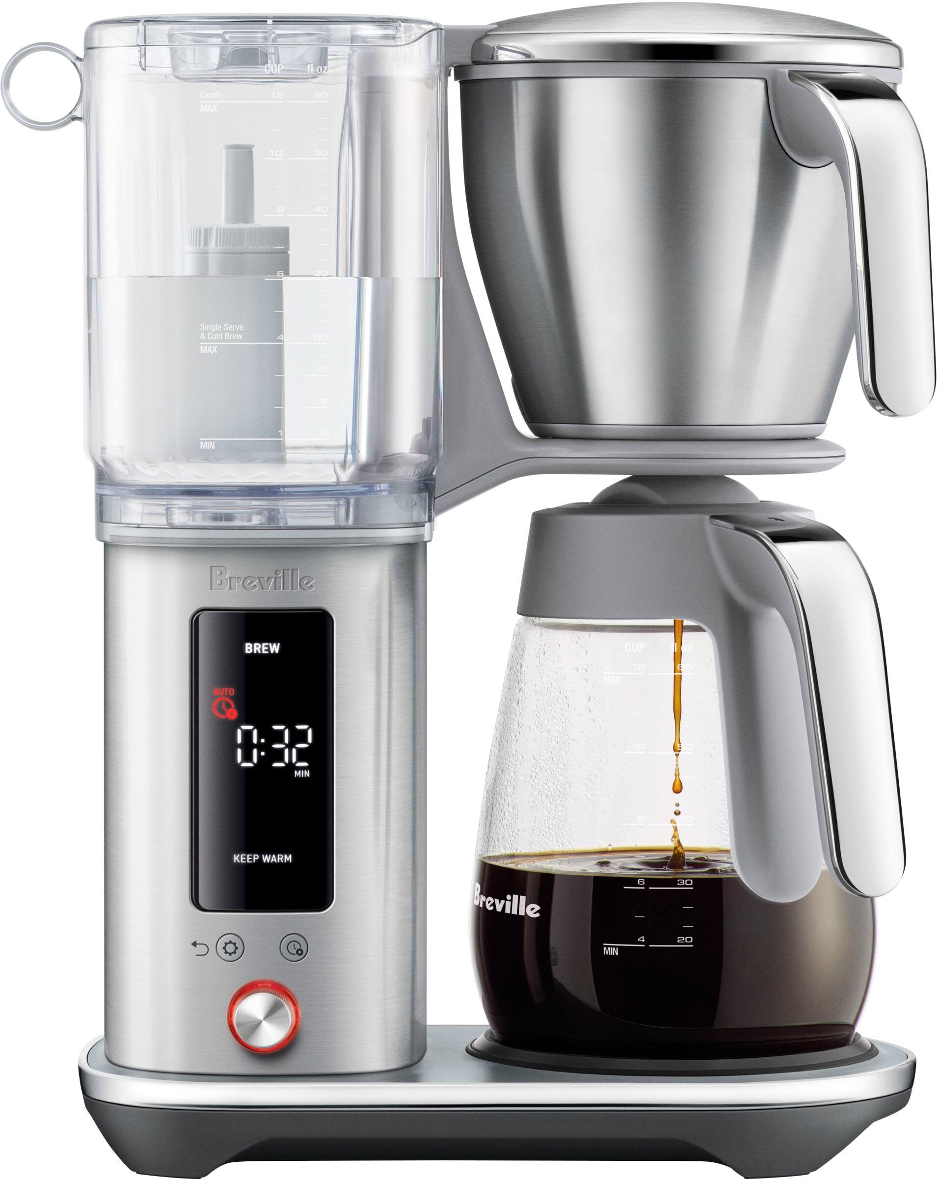 The image features a coffee maker with a timer set at 3:32 minutes. The coffee maker is accompanied by a coffee pot and a coffee press, all placed on a counter. The coffee maker is designed to make a single serve of coffee, and it has a keep warm feature to maintain the coffee's temperature. The timer ensures that the coffee is brewed for the optimal amount of time, resulting in a perfect cup of coffee.