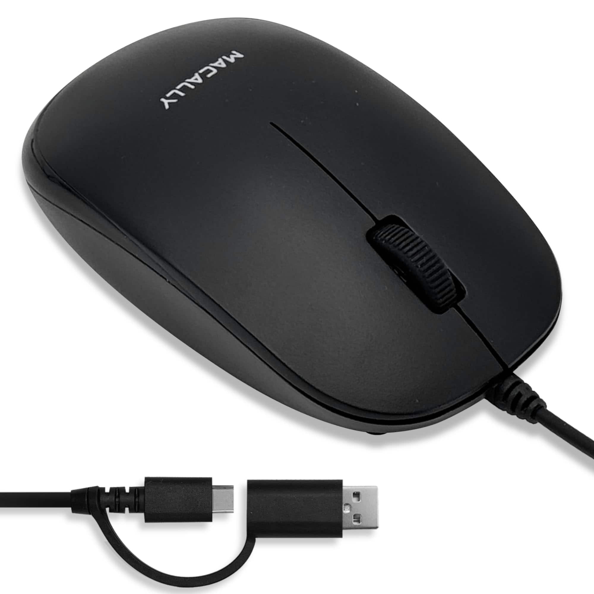 Macally - Wired Mouse for Mac and PC - Dual USB C + A Plug - Simple Ambidextrous 3 Button USB Mouse Wired - Wired - Black