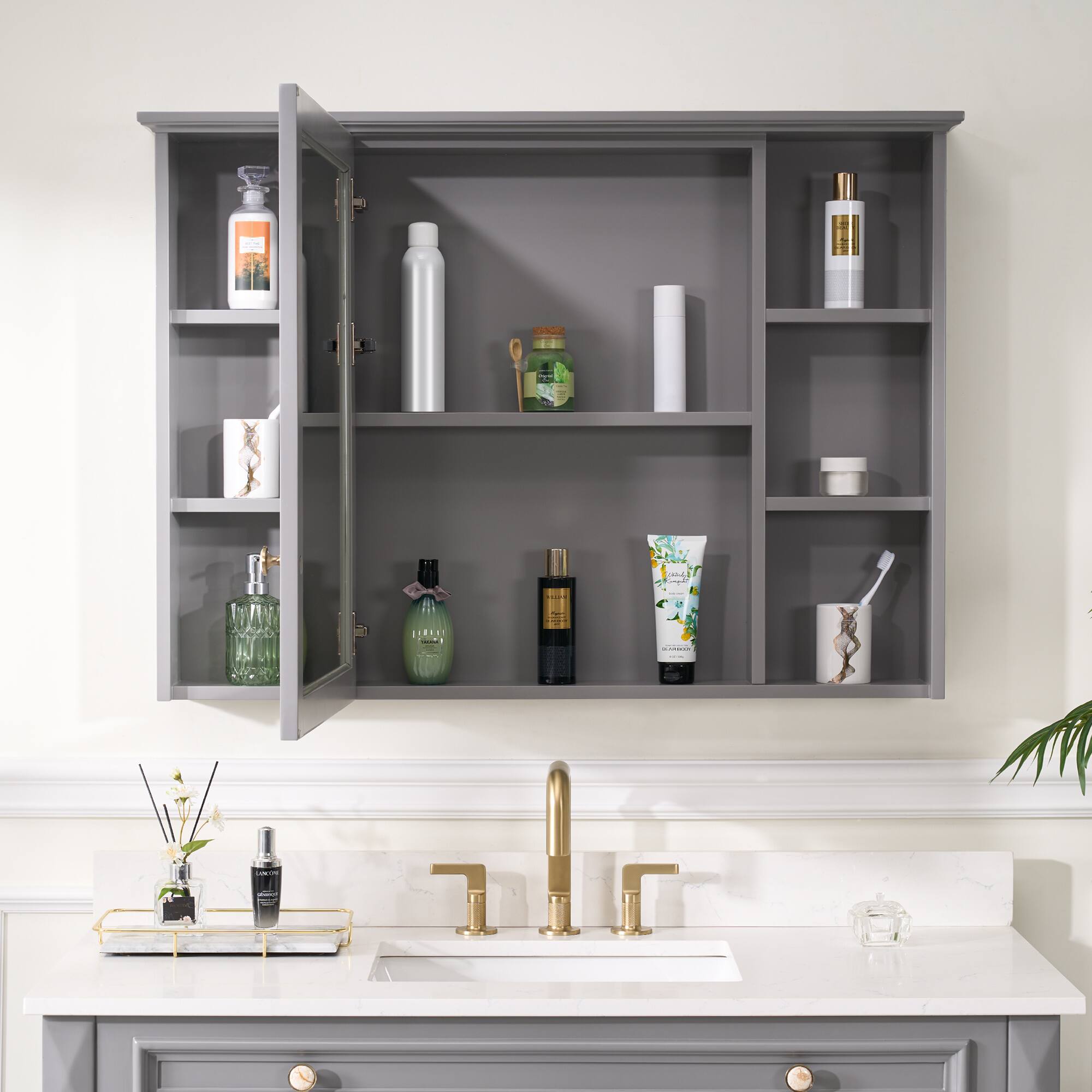 Left. WELLFOR - 42 in. W x 30 in. H Rectangular Solid Wood Frame Surface Mount Medicine Cabinet with Mirror and Soft Close Door - Gray.