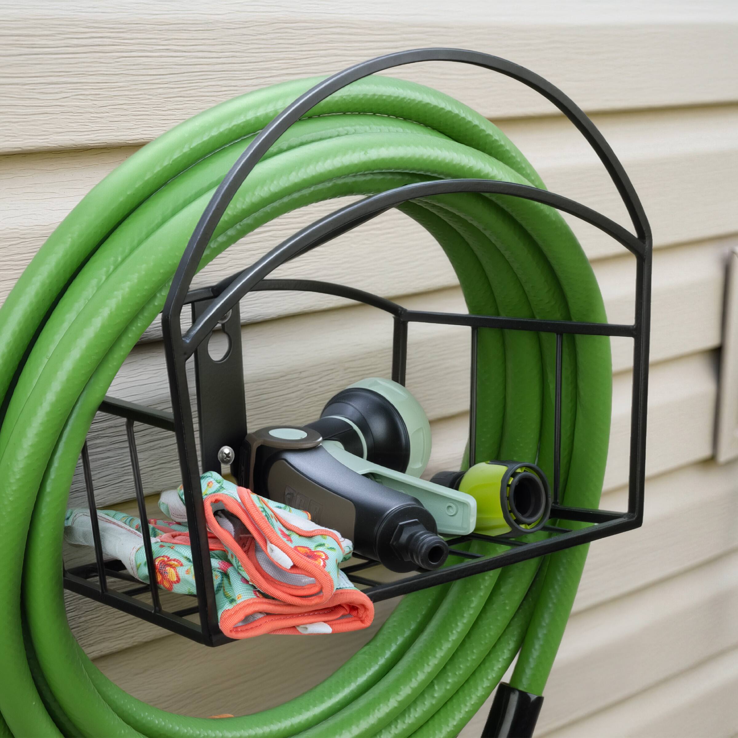 Alt View 8. Pure Garden - Garden Hose Holder Wall Mount with Storage Basket - Rust-Resistant Steel Water Hose Hook for 100ft of 5/8” Hosing.