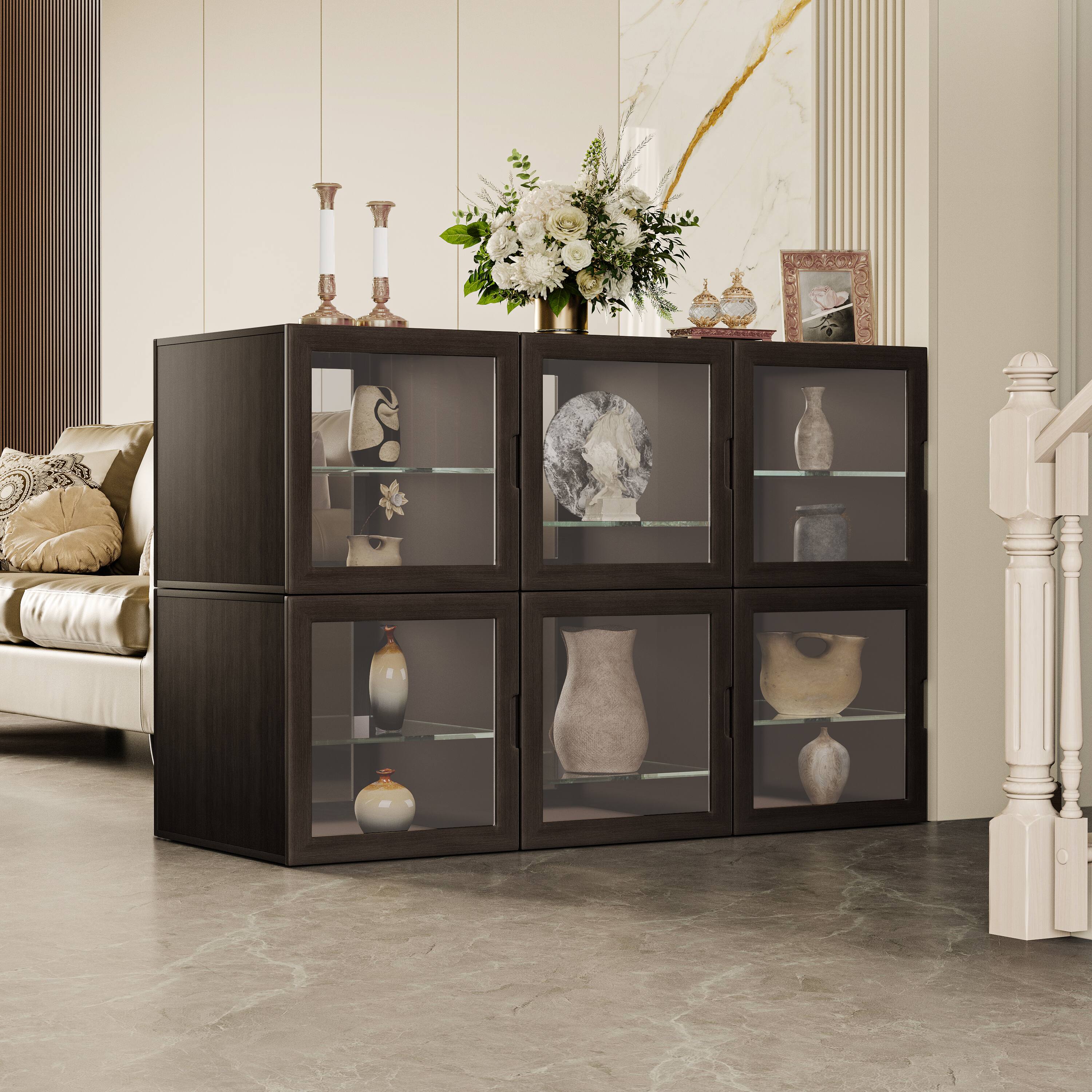 Front. MSOOB - Premium Curio Cabinet for Collectibles Luxury 6 Pack Glass Display Cabinets with Adjustable Shelves - Black Walnut.