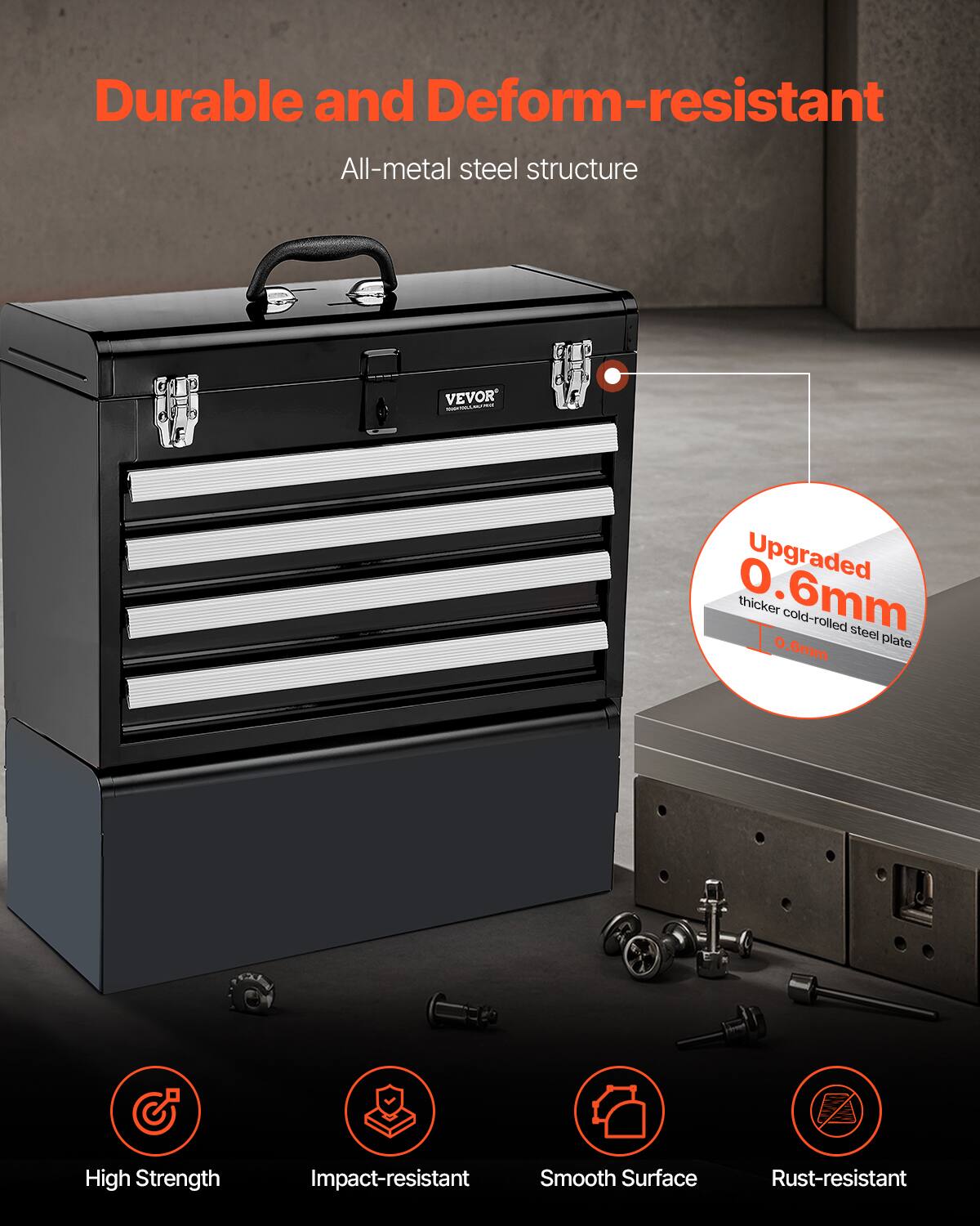 Durable and Deform-resistant  
All-metal steel structure  

Upgraded 0.6mm thicker cold-rolled steel plate  

High Strength  
Impact-resistant  
Smooth Surface  
Rust-resistant