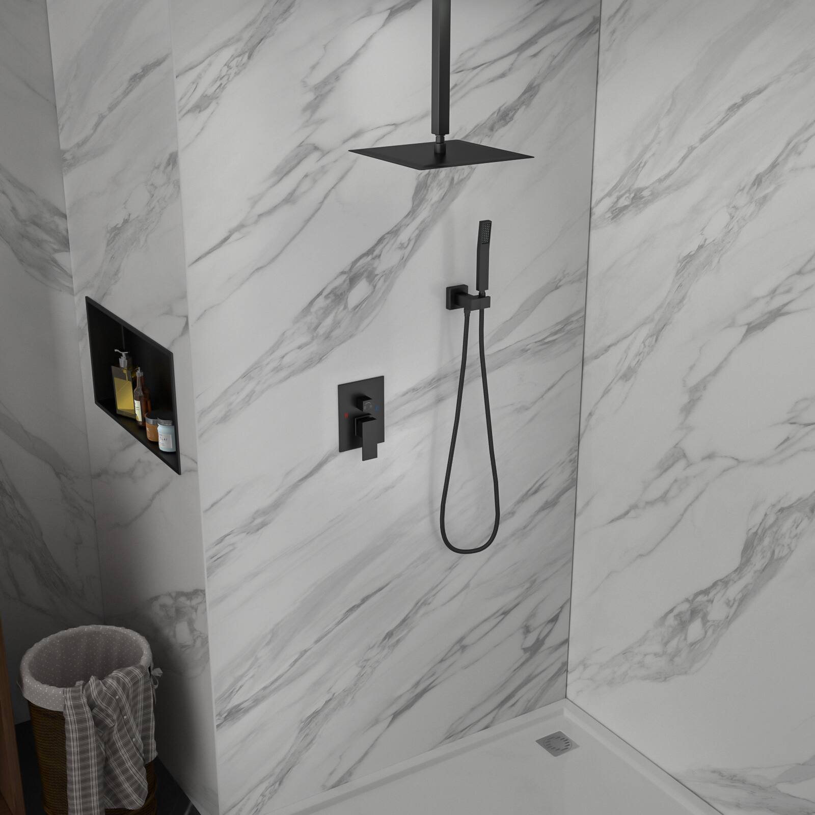 Back. Lordear - Dual Shower Head - 10 Inch Ceiling Mount Square Shower System with Rough-in Valve,Matte black - Matte Black.