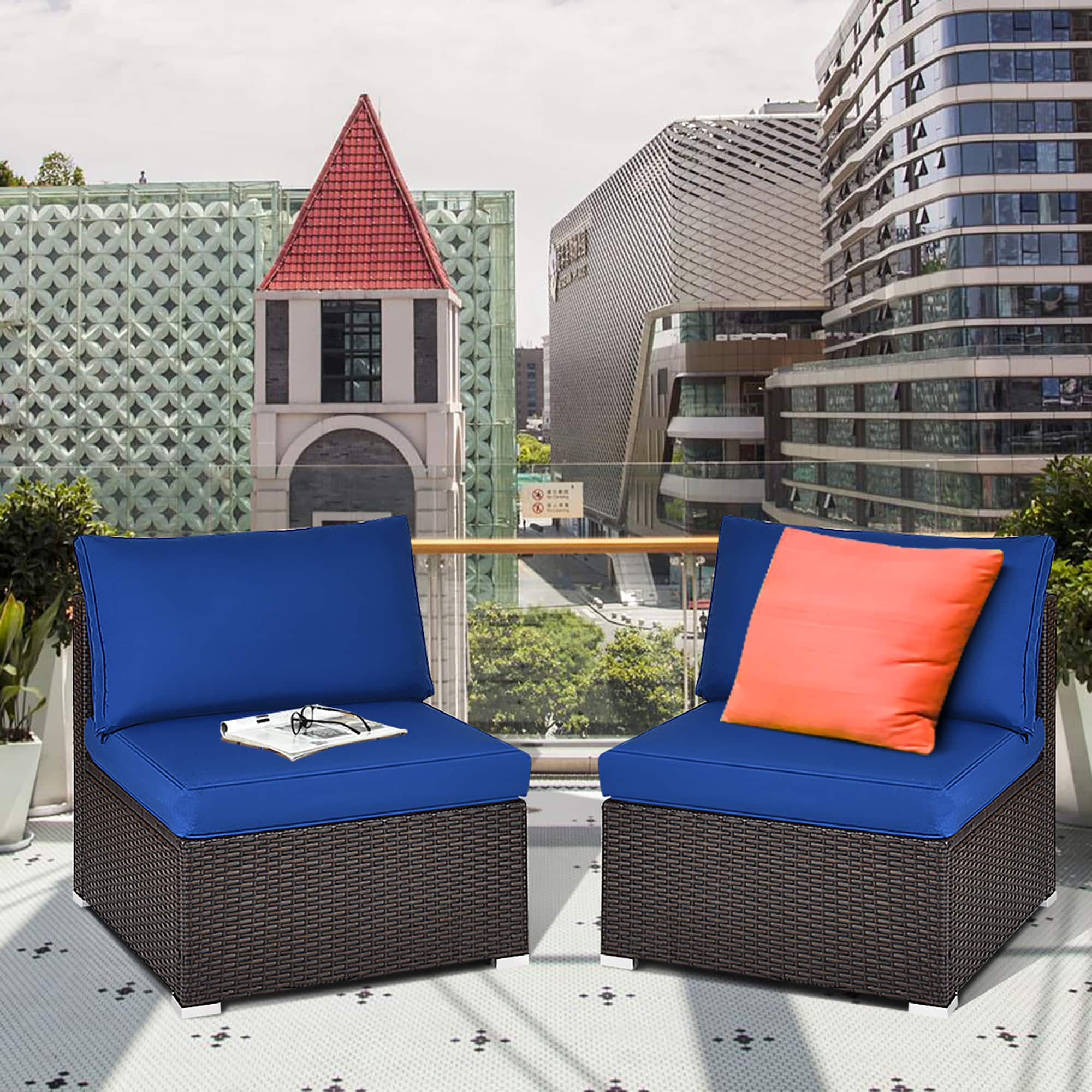 Costway - 2PCS Patio Rattan Armless Sofa Sectional Furniture W/ Cushion - Brown
